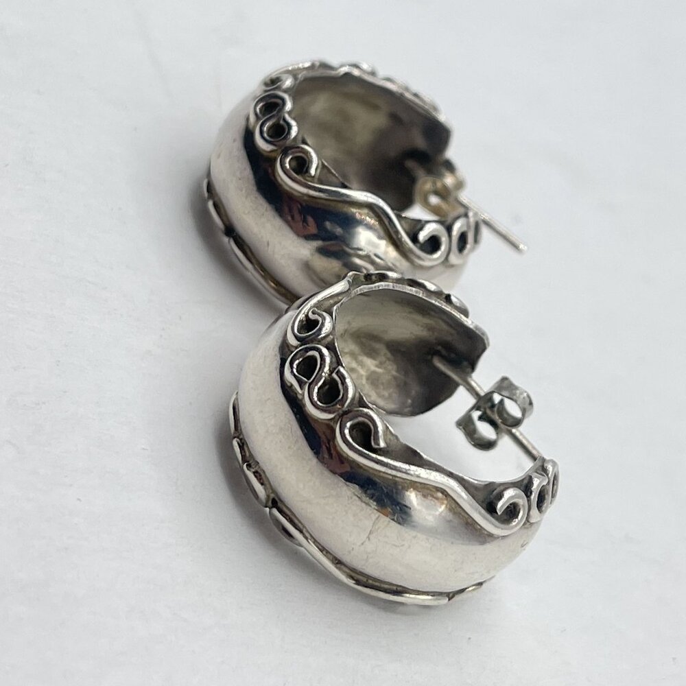 Vintage Sterling Silver Half Hoop Earrings With Intricate Swirl Design - Picture 2 of 8